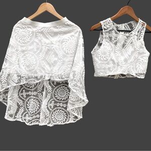 🇯🇵 Japanese White Lace Set Asymmetric Skirt Cropped Tank Top Skirt Lined S